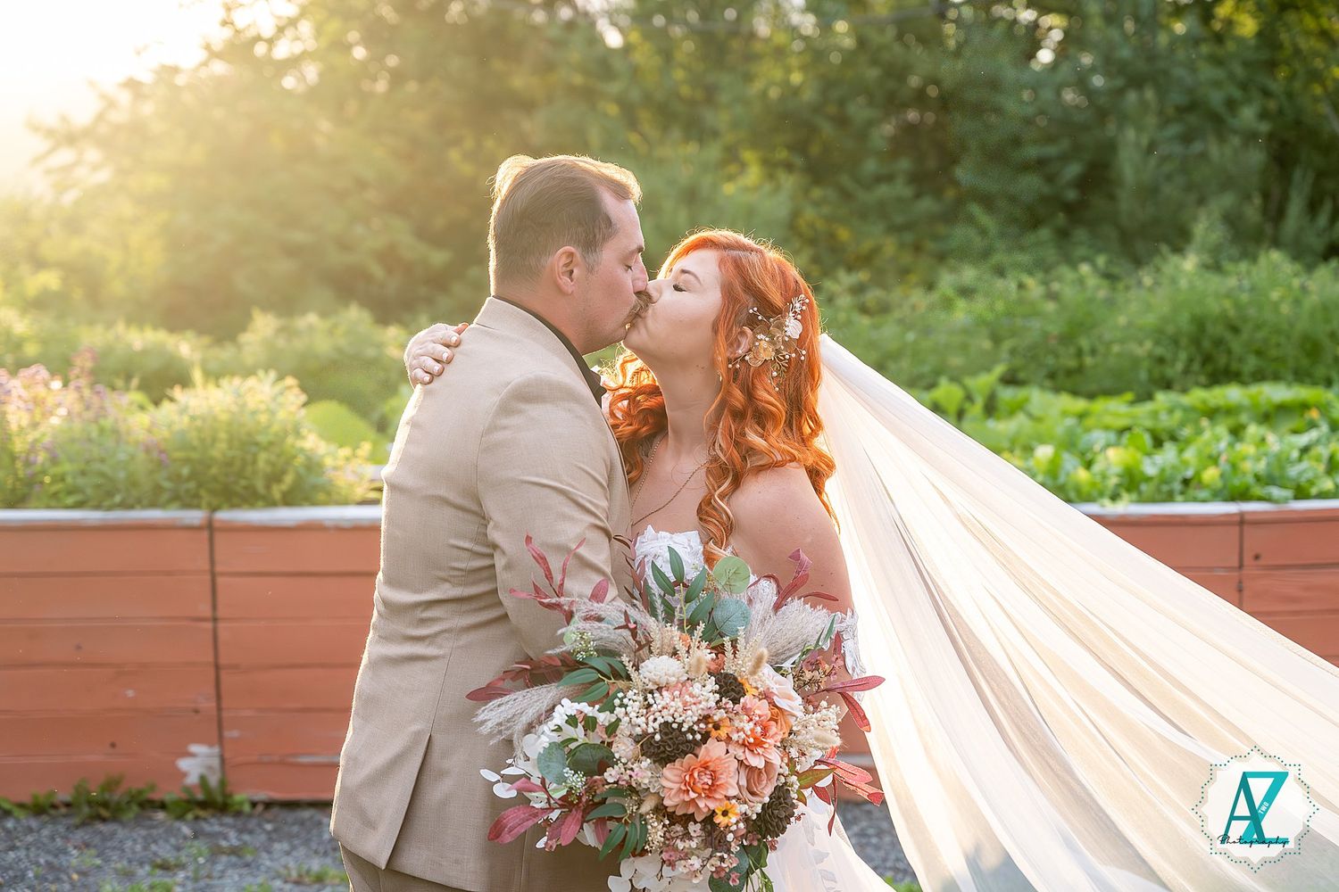 Beautiful sunset wedding photography in a garden with warm lighting and floral details.