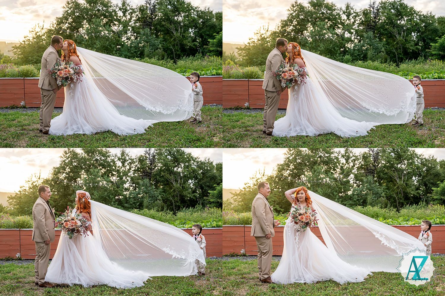 Flowing white wedding veil billows dramatically in the wind during an outdoor photo session.