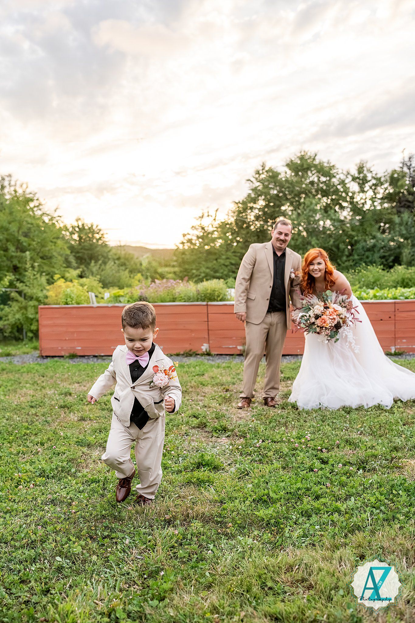 A sequence of joyful moments captured in a grassy field at golden hour during an outdoor wedding celebration.