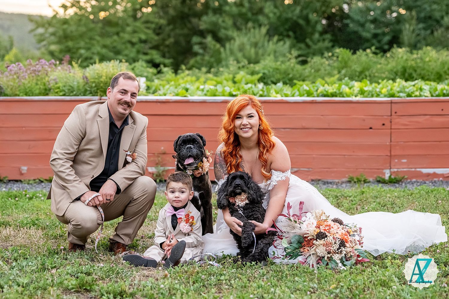 A couple poses on grass with their dogs during an outdoor wedding photoshoot.