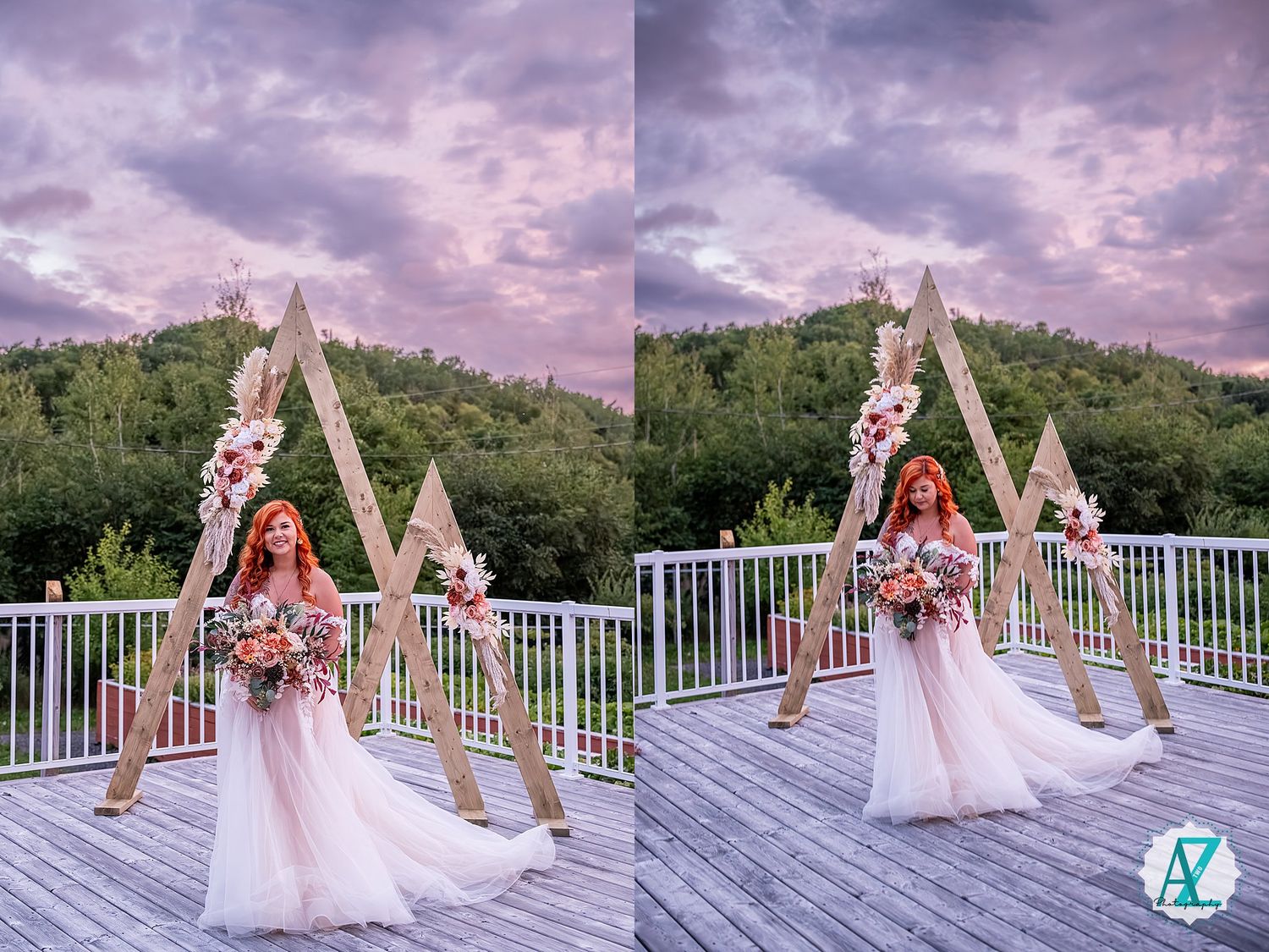 A panoramic series of wedding portraits captured on an outdoor deck against a dramatic purple and pink sunset sky.