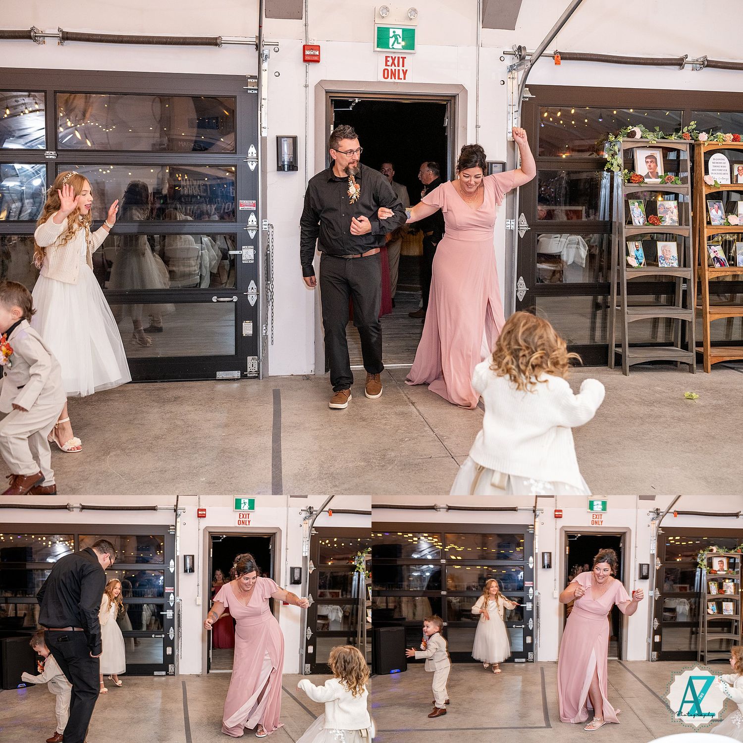 A sequence of images showing guests celebrating in a warehouse-style venue with formal attire and dancing.