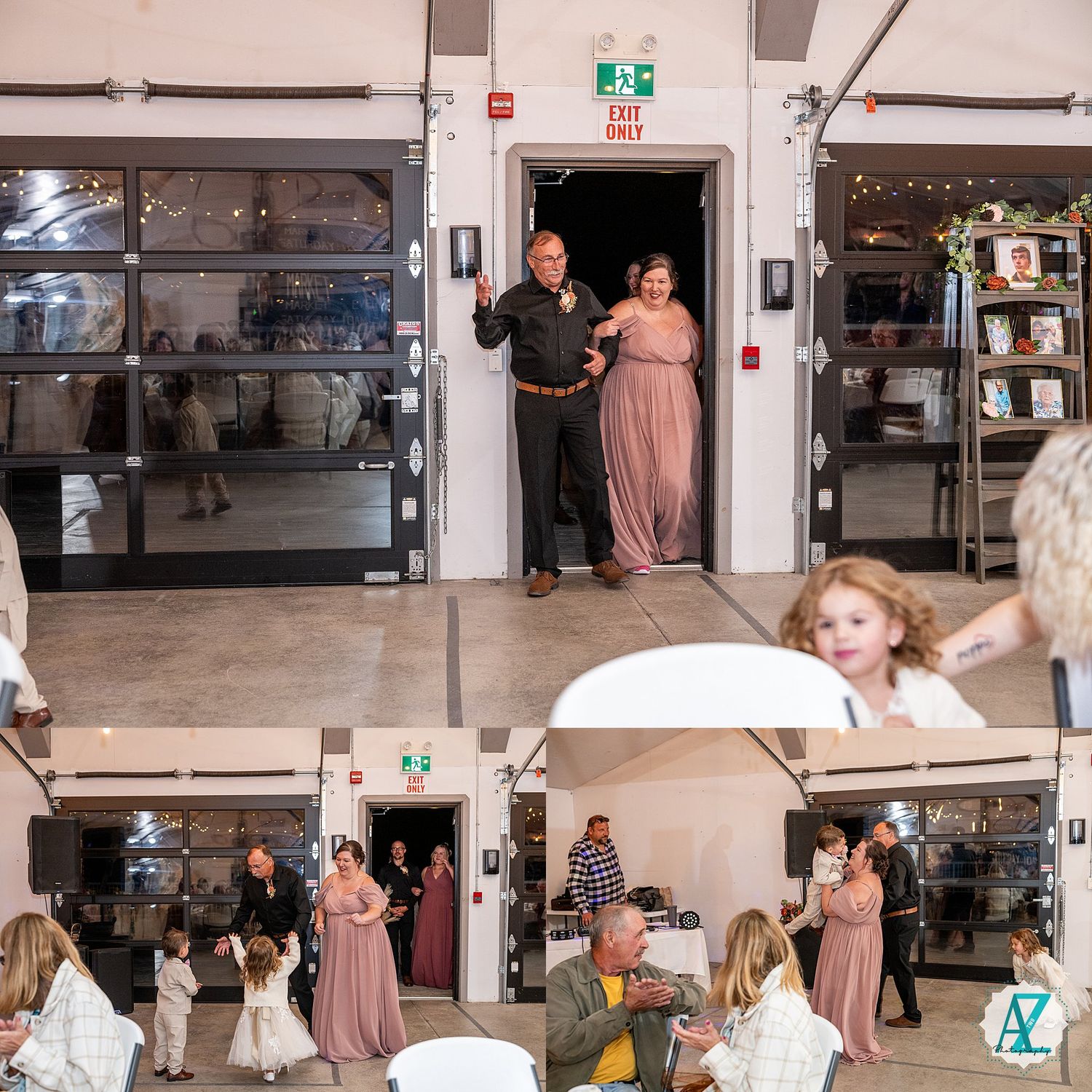 Wedding reception guests enjoying festivities in an industrial-style venue with high ceilings.