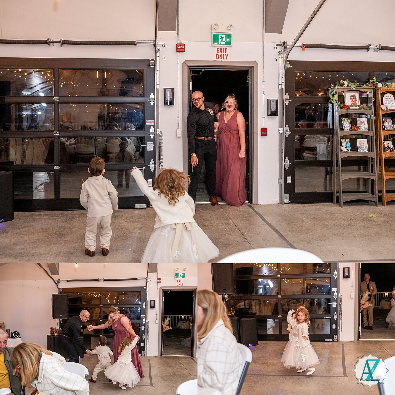 People gather in an industrial space with shelving units as children in formal attire play and dance.