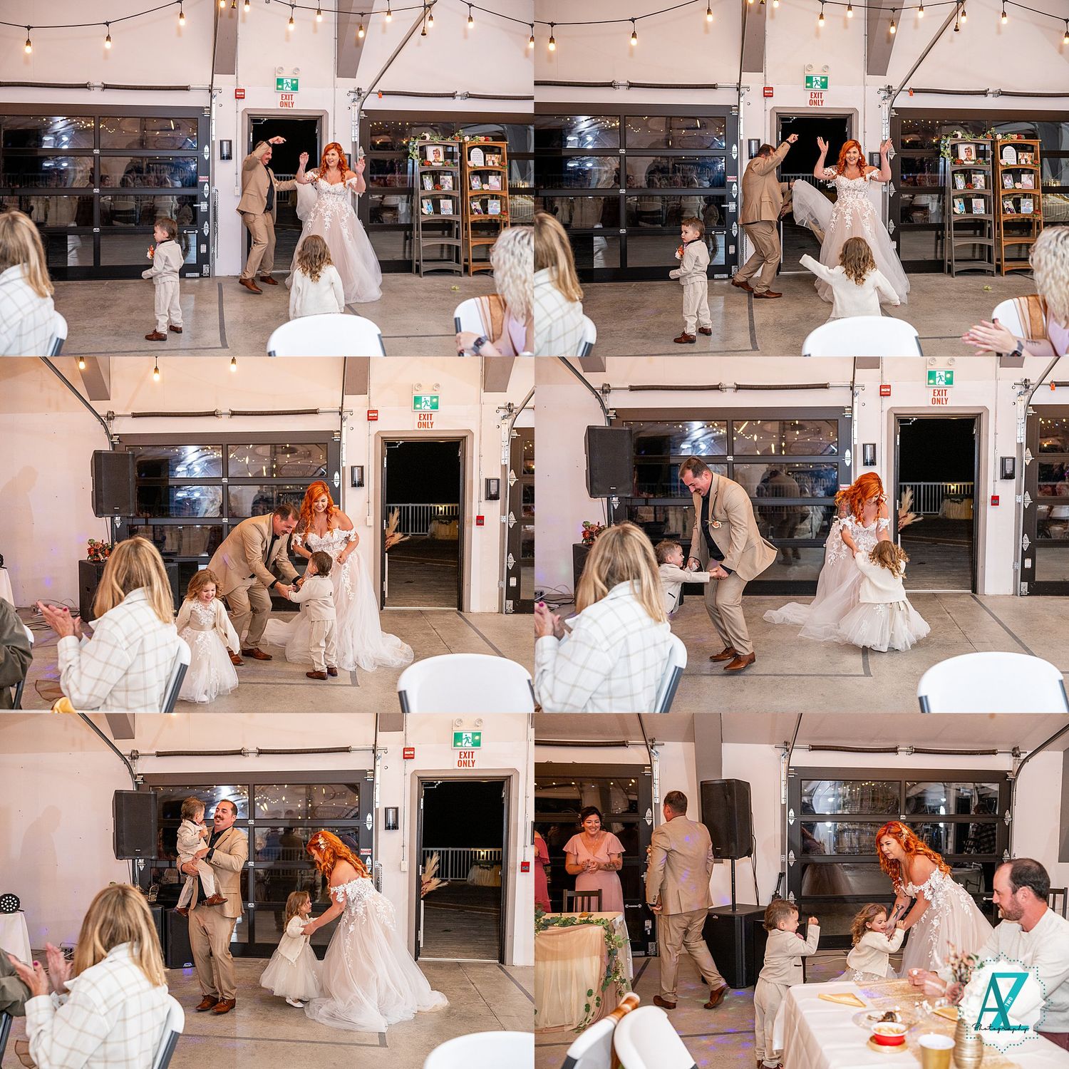 Multiple frames showing couples dancing on a wooden floor during a wedding celebration.