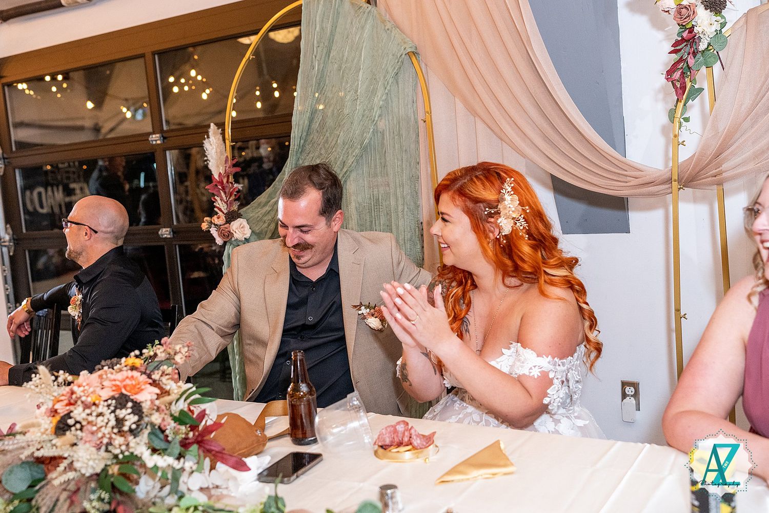 Collection of candid wedding moments showing couple and guests celebrating during an elegant reception decorated in pink.