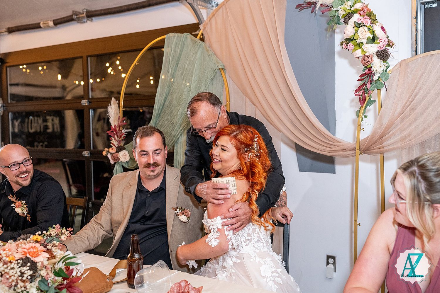 A sequence of candid wedding reception moments captured at a table with blush pink decor and floral arrangements.