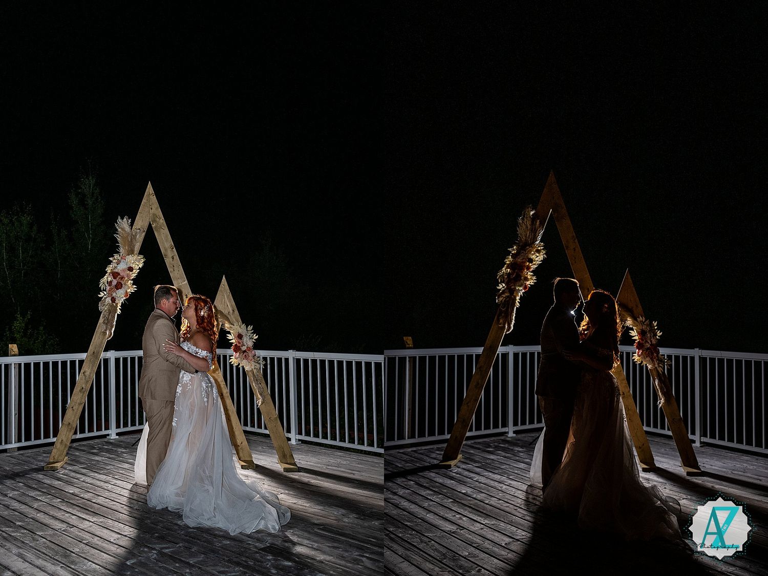 Silhouettes of a couple dancing outdoors on a deck at night under string lights.