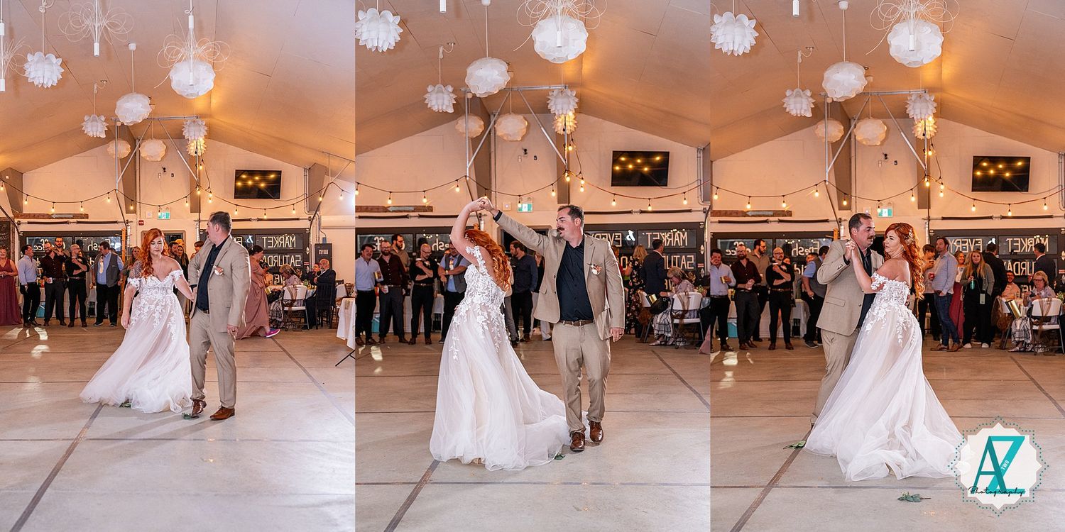 Multiple frames show a wedding dance sequence under elegant lighting with guests watching from the perimeter.