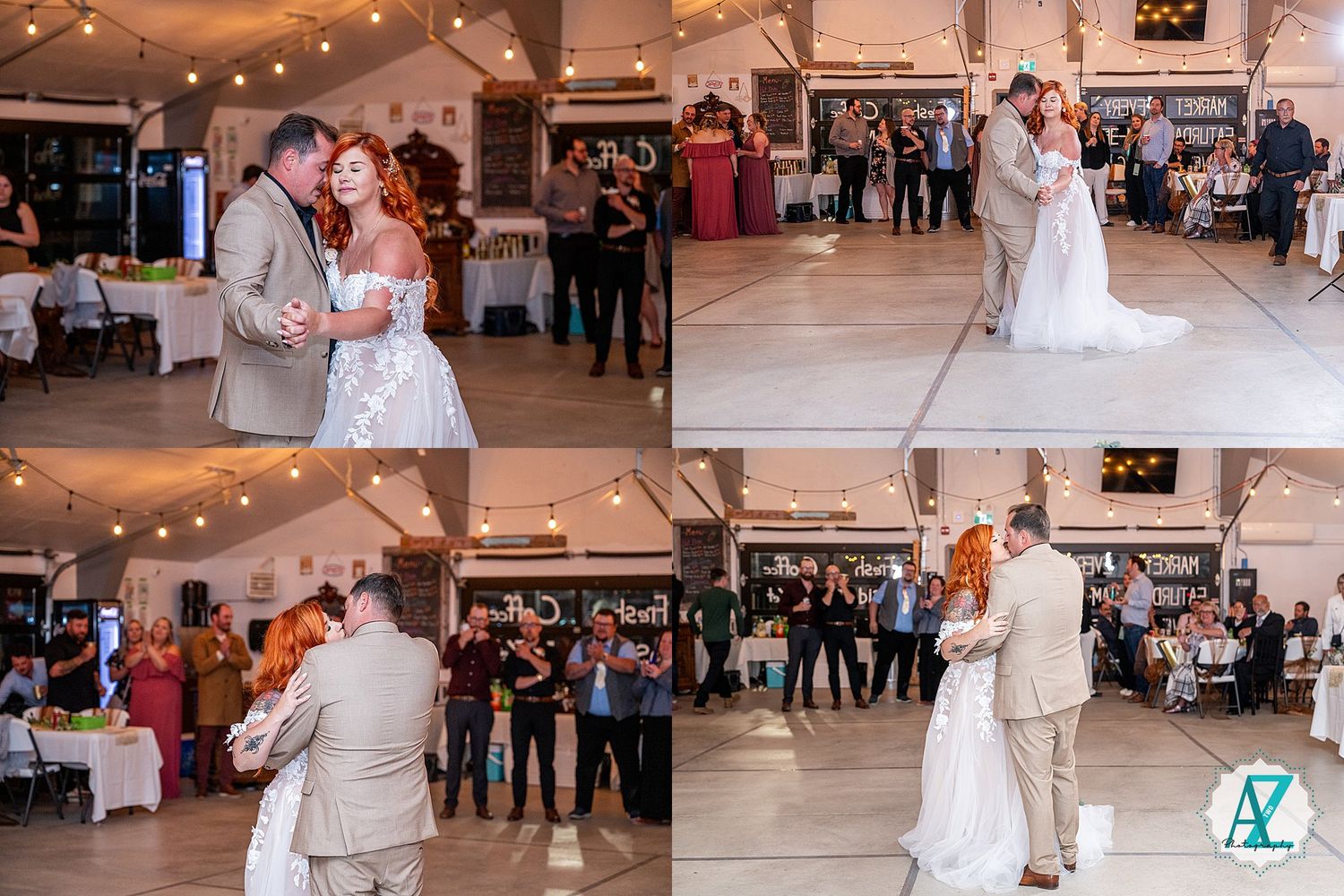 A sequence of first dance moments at a wedding reception with twinkling lights overhead.