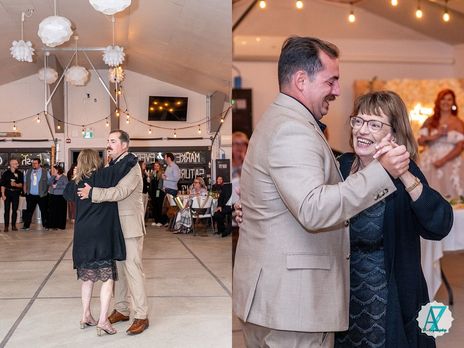 Couples gracefully dance together during a formal event in an elegant reception hall with string lights overhead.