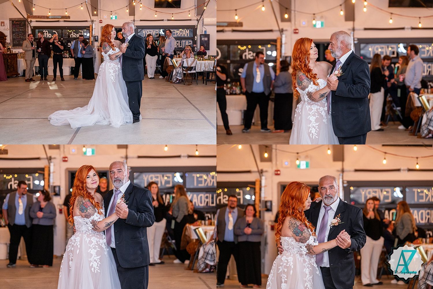 Dancers move gracefully across a reception hall floor while guests watch from the background.