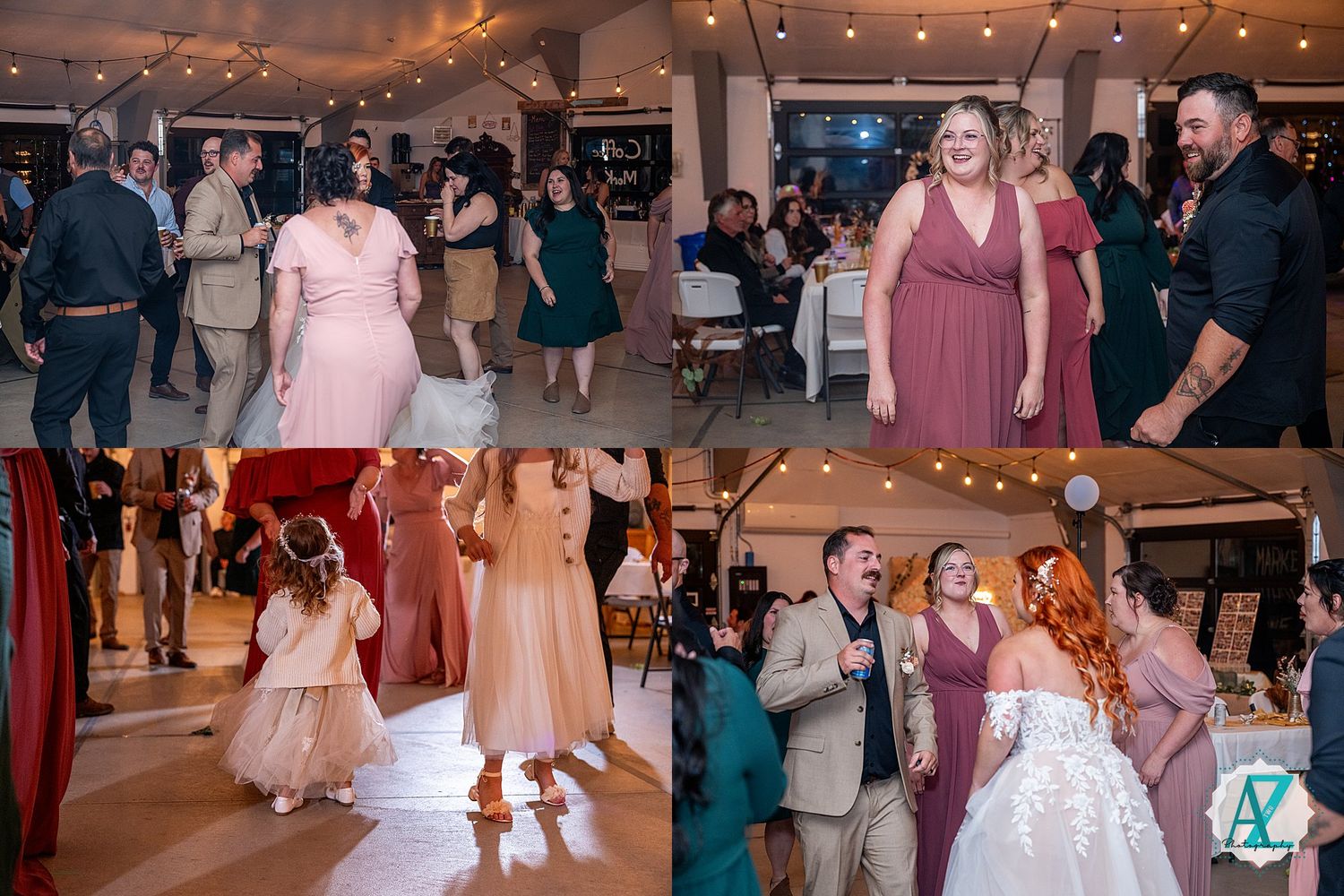 Wedding reception dance floor filled with guests under warm string lights and pink decor.