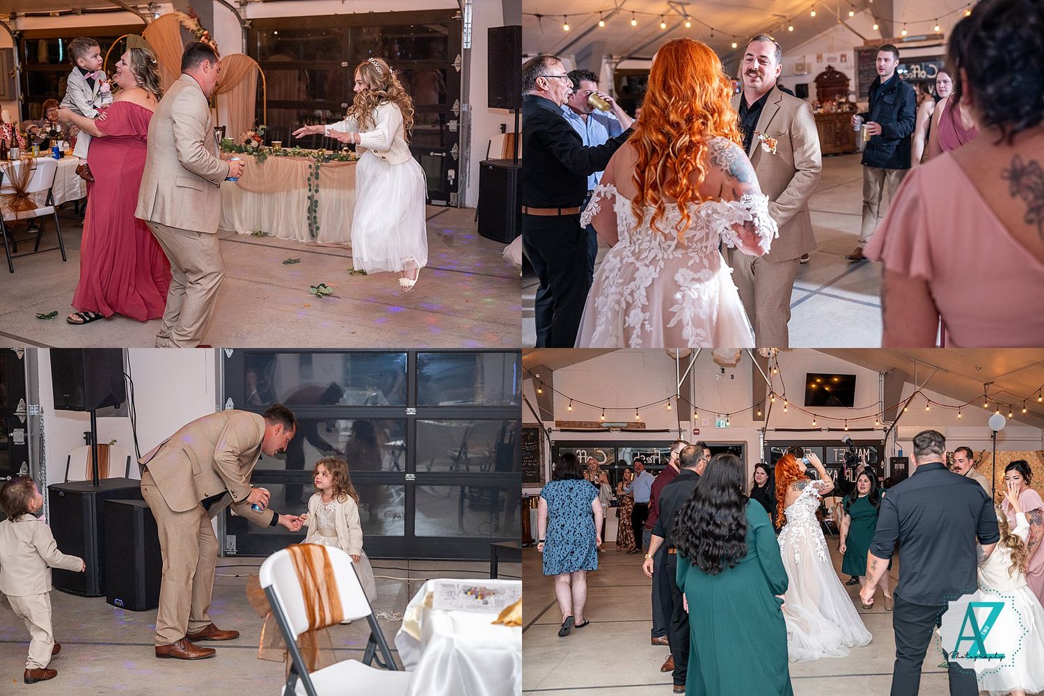 Couples dancing together at a lively indoor wedding reception with disco lights and festive atmosphere.