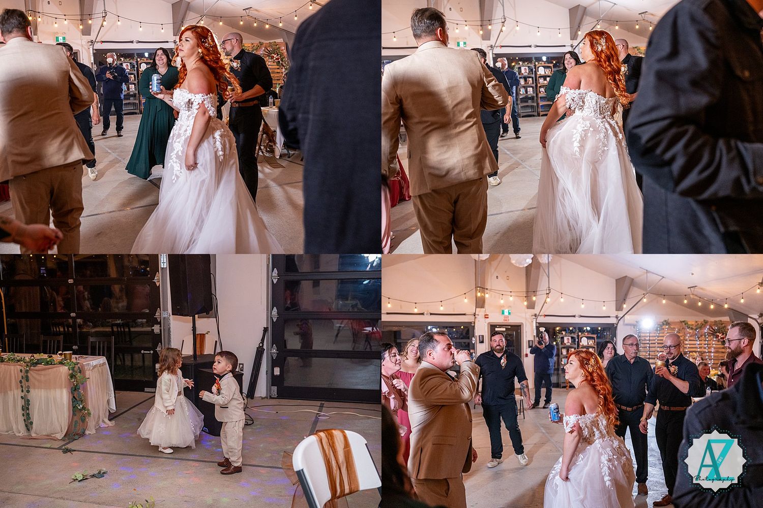 Wedding reception with dancing guests and children in formal attire on a decorated ballroom floor.
