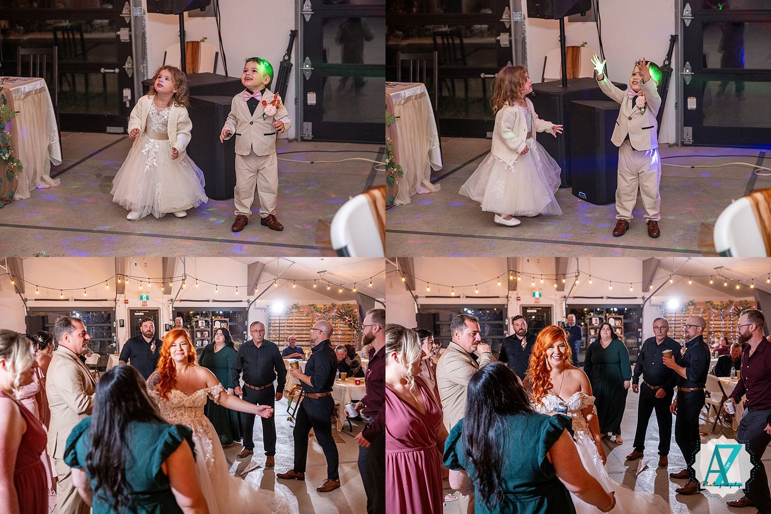 Wedding reception dance floor with couples and guests celebrating in an elegantly decorated indoor venue.