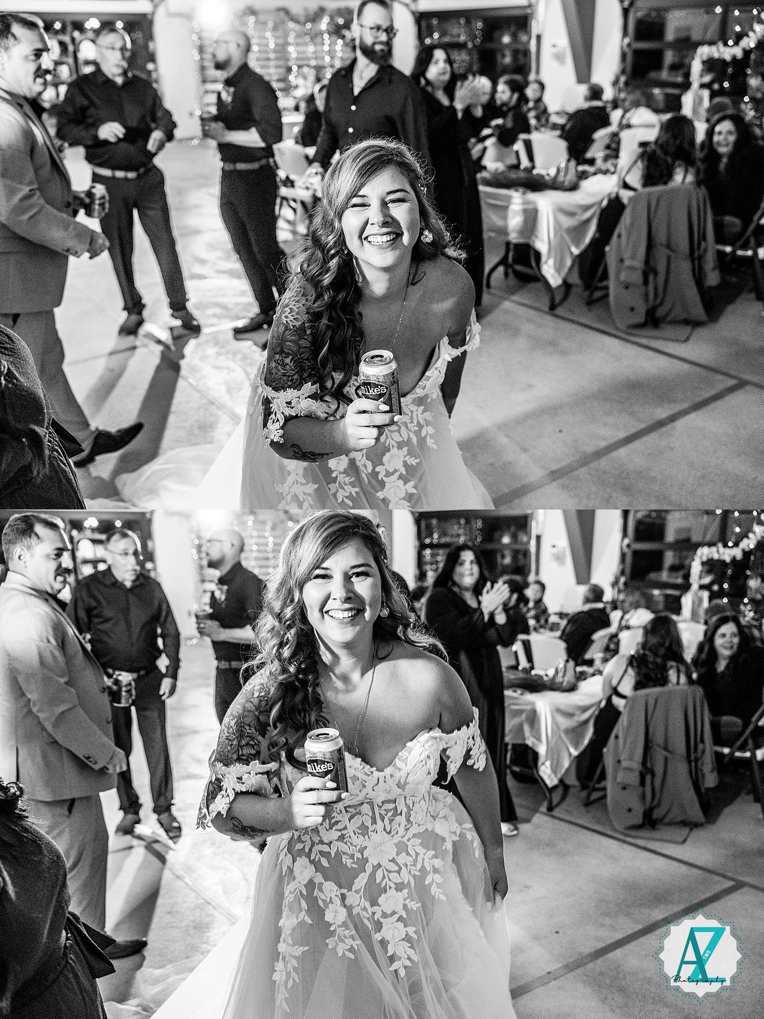 A joyful wedding reception scene with guests dancing and celebrating under indoor lighting.