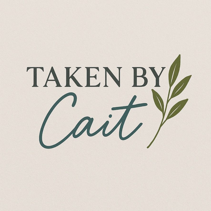 Elegant calligraphy text reading 'Taken By' with decorative green leaf accents.