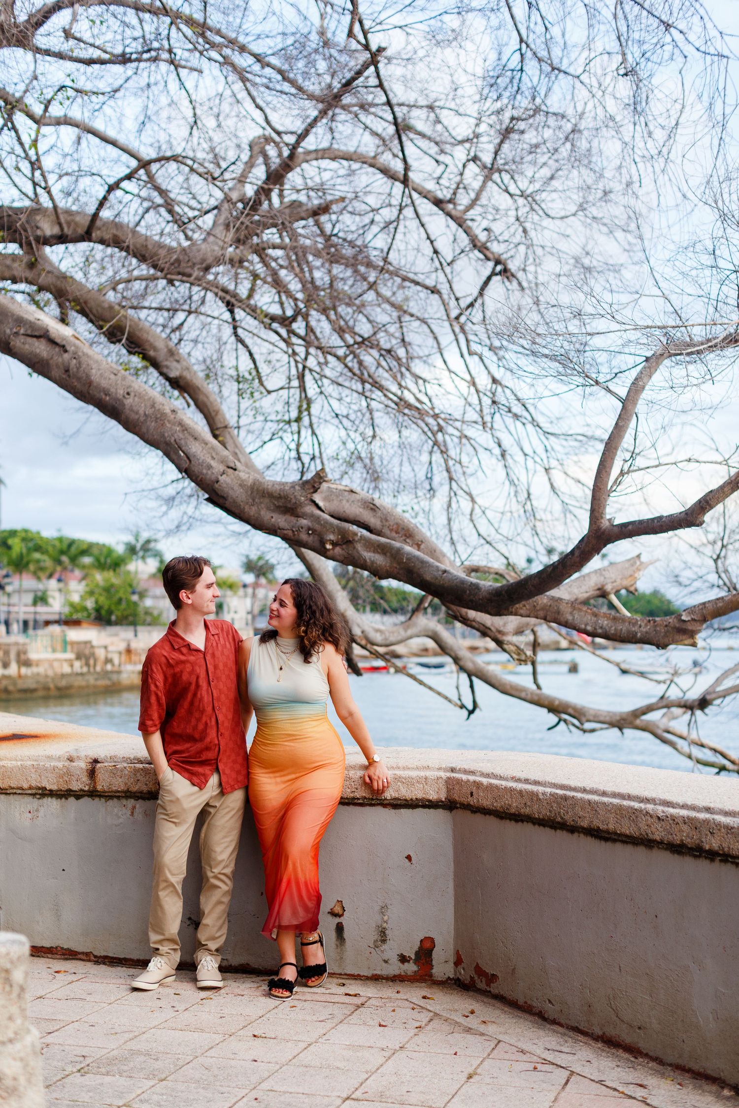 Surprise marriage proposal in Old San Juan, Puerto Rico. Paseo de la Princesa. Man and woman.