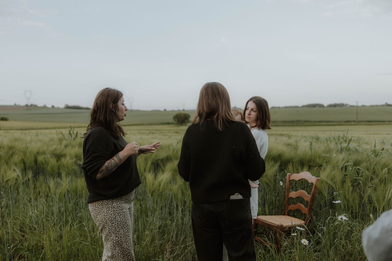 A compilation of candid moments showing people enjoying themselves in a lush green wheat field during sunset.