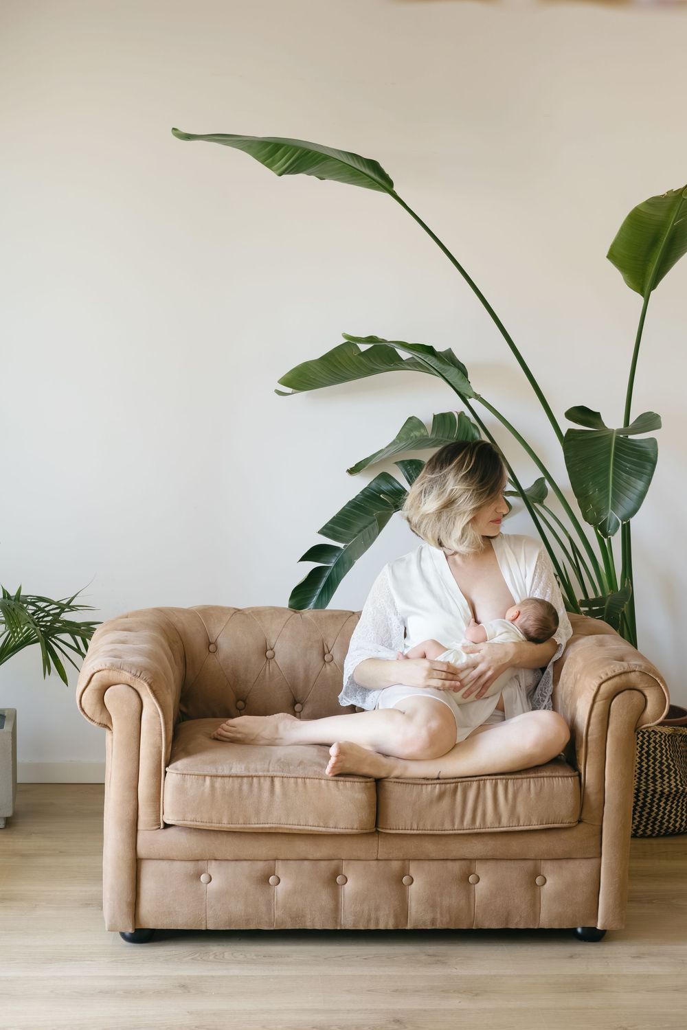 acogedora escena familiar en interior de una madre amamantando a su bebé recién nacido en un sofá chester beige con una planta tropical