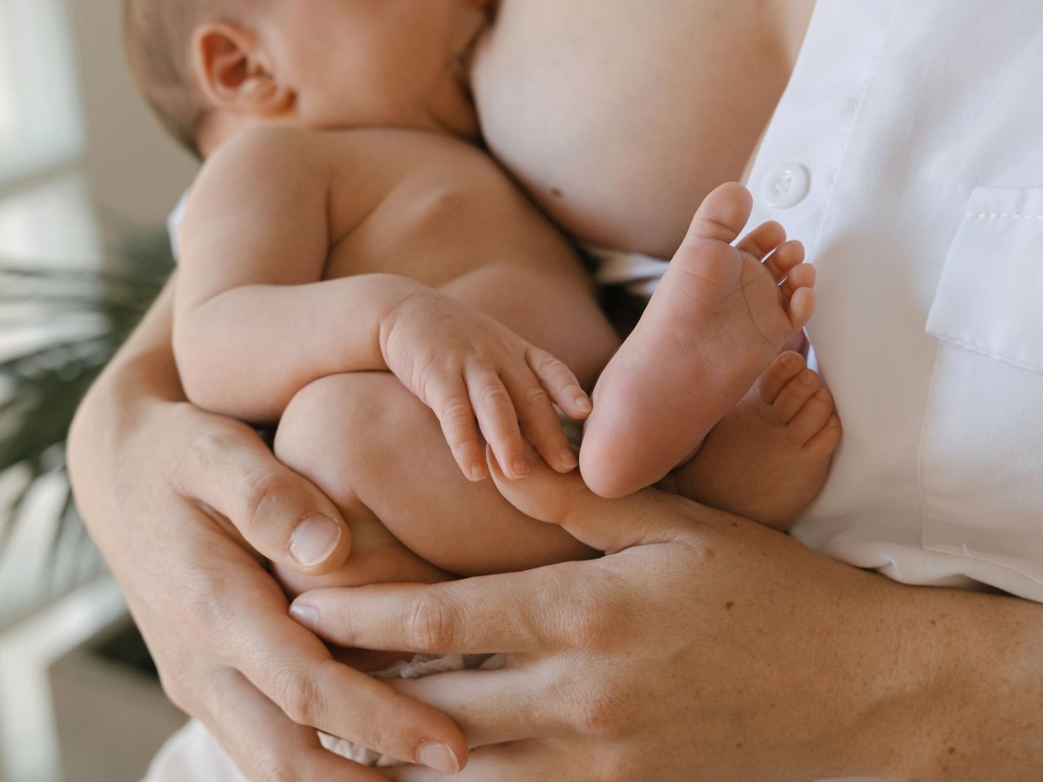 Fotografía de detalle de los pies de un bebé recién nacido en brazos de su madre