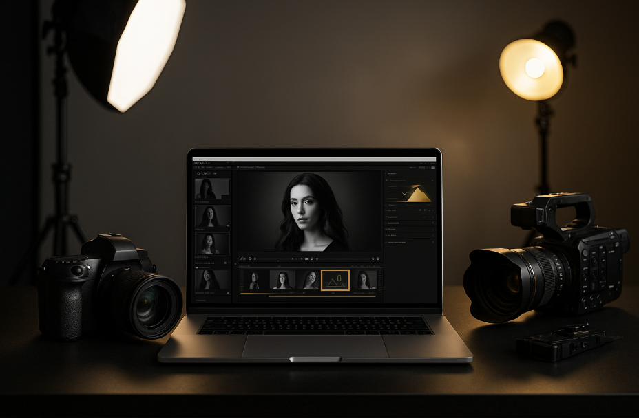 Professional photography workspace with laptop displaying photo editing software and camera equipment.