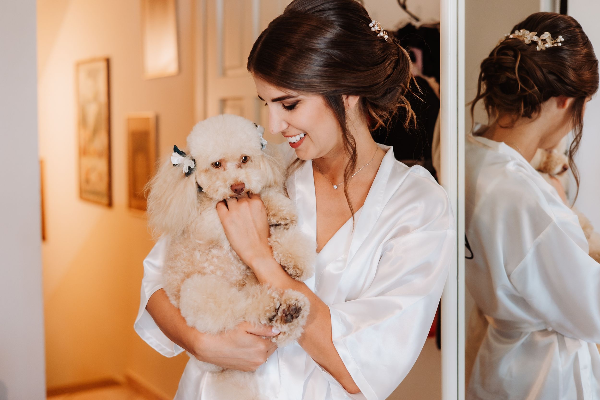 White fluffy pet dog being held lovingly in a white robe during wedding day preparations.