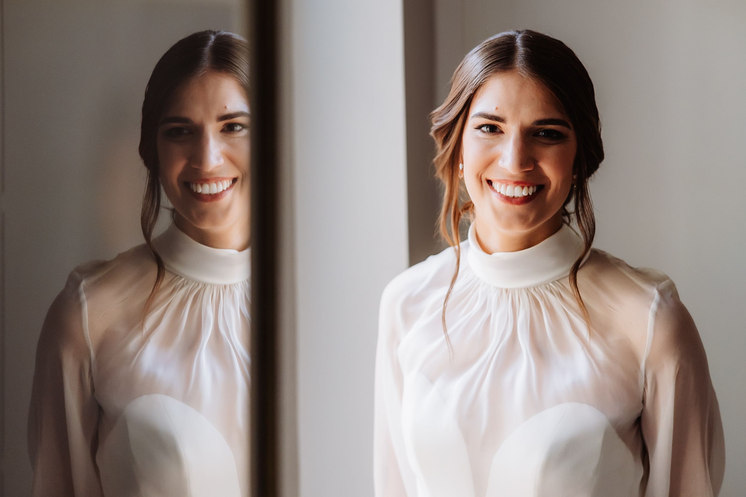 Side by side portraits of someone wearing a high-neck white dress with sheer overlay and soft natural makeup.