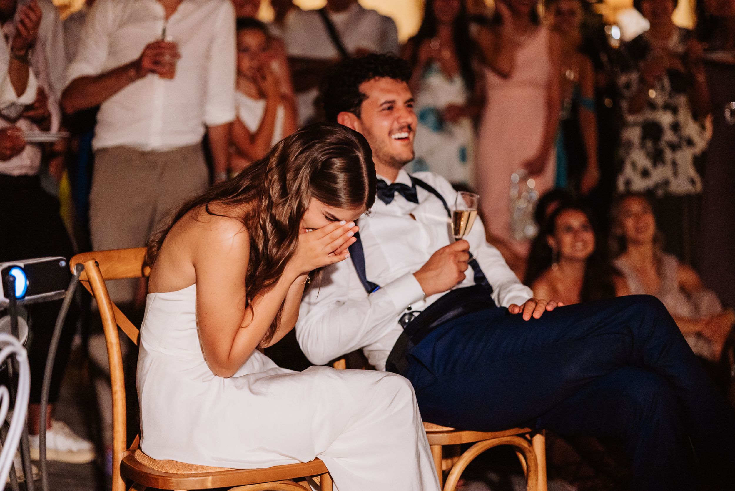A series of festive wedding reception party photos showing dancing and celebration at an indoor venue.