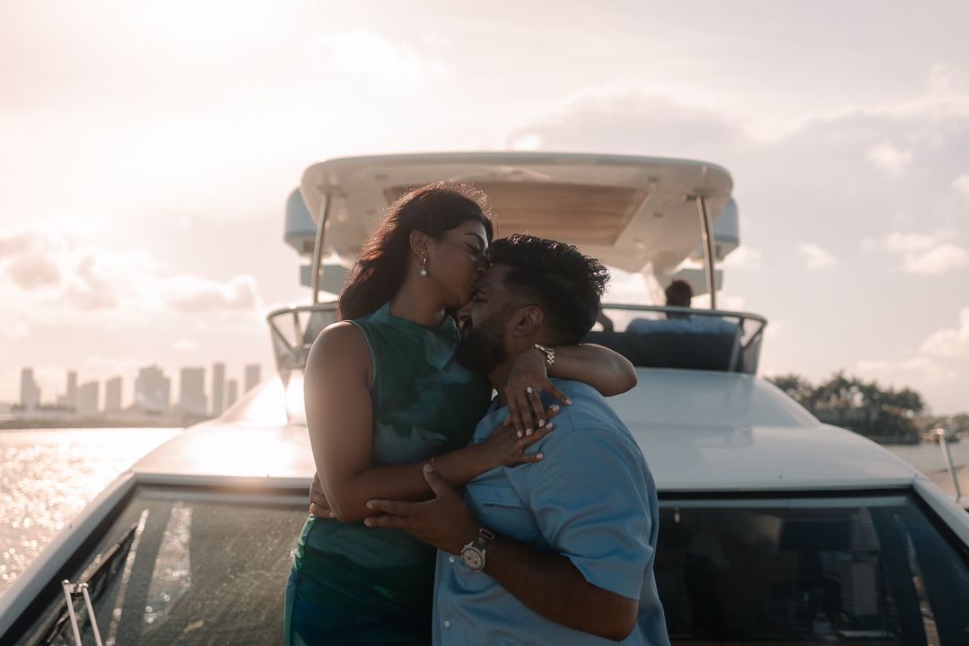 Luxury Miami yacht engagement portrait at golden hour, Pinterest wedding inspo and Instagram proposals by MannyPortraits.
