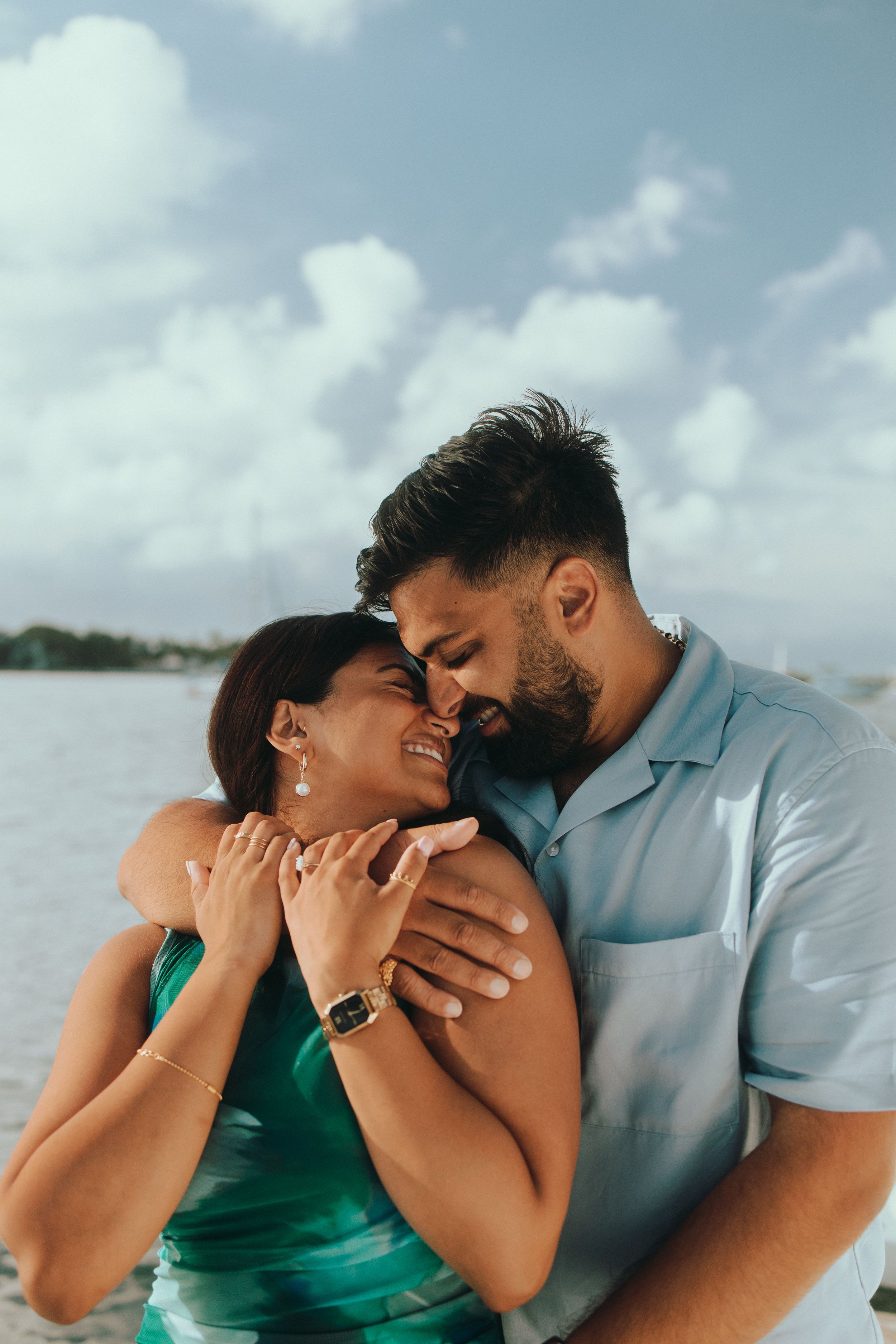 Romantic Miami engagement portrait, intimate forehead kiss perfect for Pinterest wedding inspo and Instagram couples by MannyPortraits.