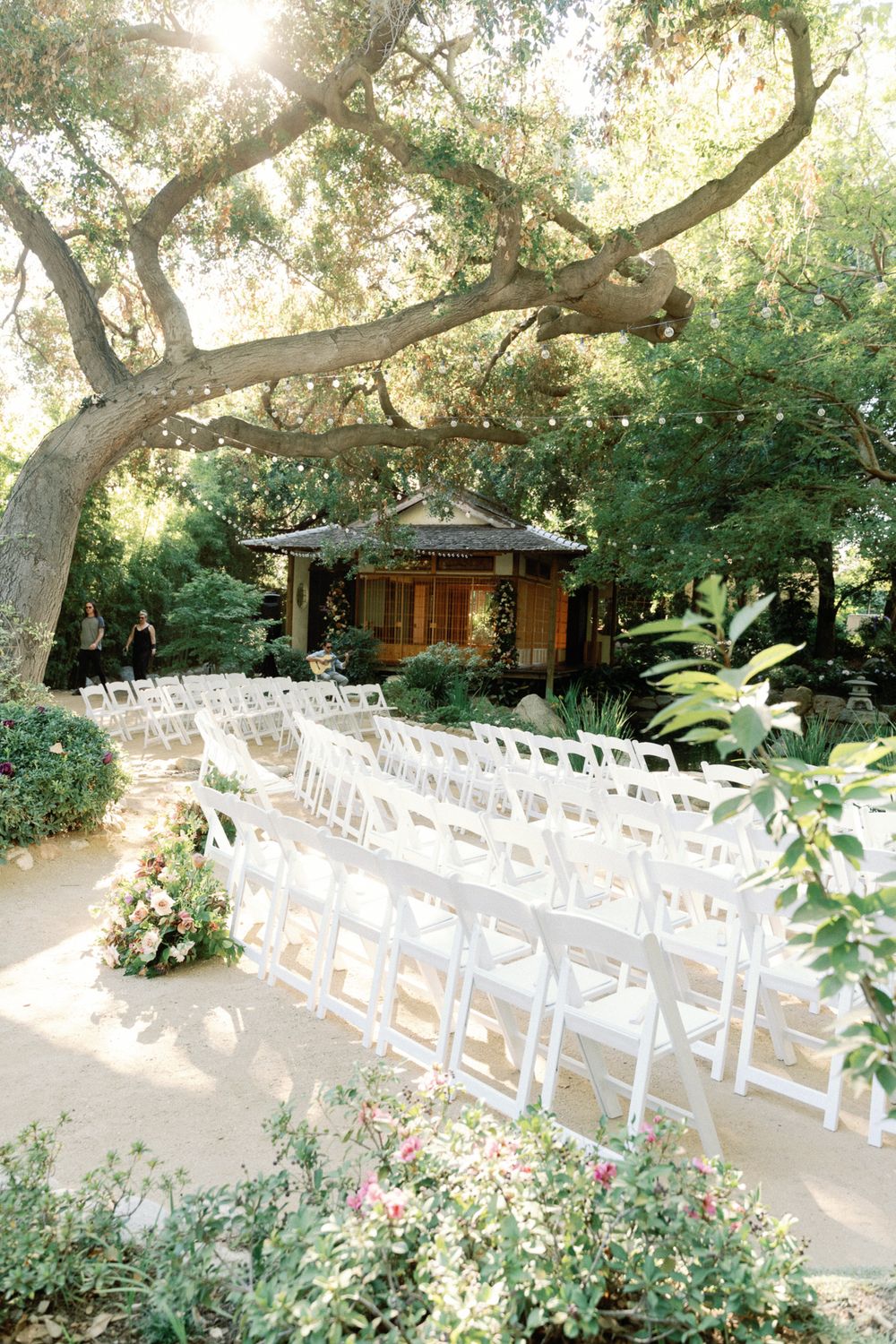 Outdoor wedding ceremony setup with white folding chairs arranged under large oak trees leading to a wooden altar.