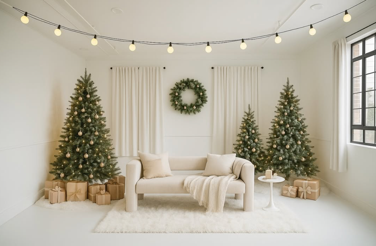 Cozy Christmas living room with two decorated trees, string lights, a wreath, and a white sofa with presents underneath.