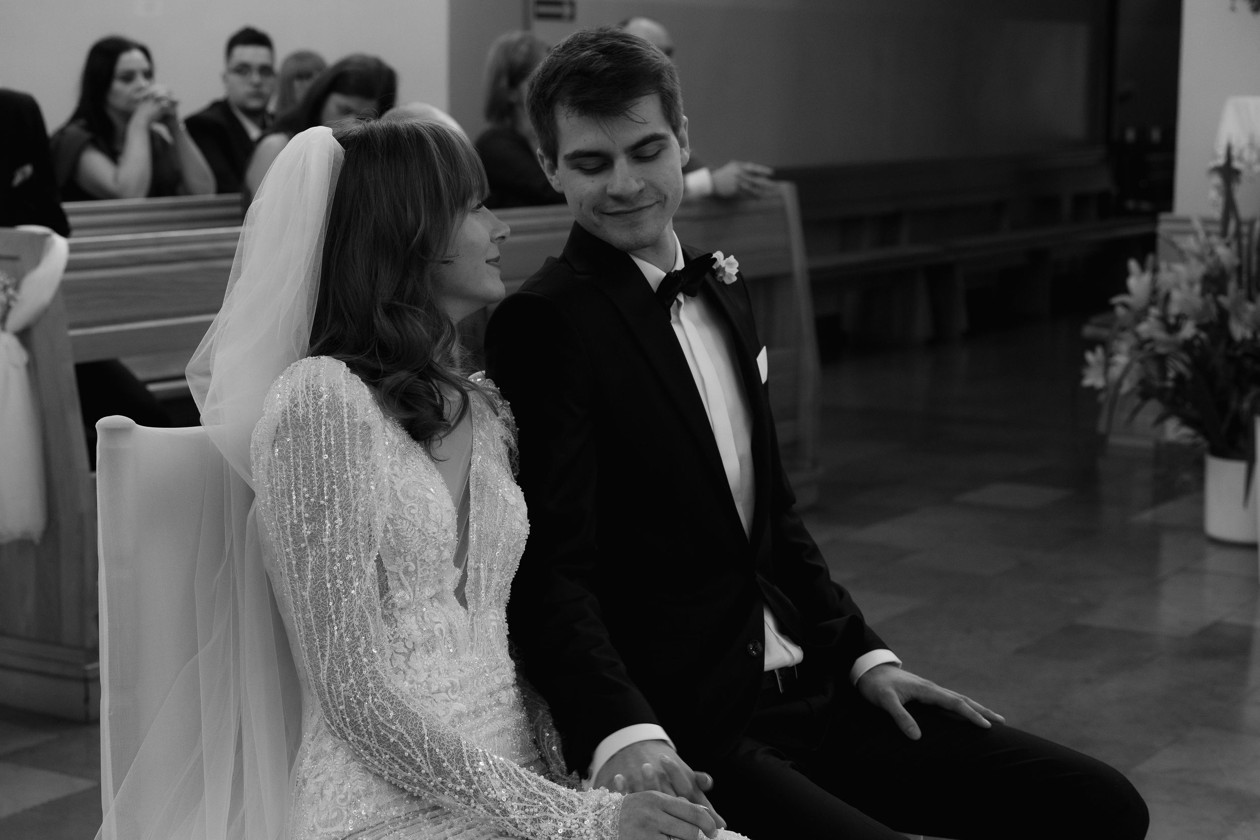 A black and white photo collage shows intimate moments from a wedding ceremony and celebration.
