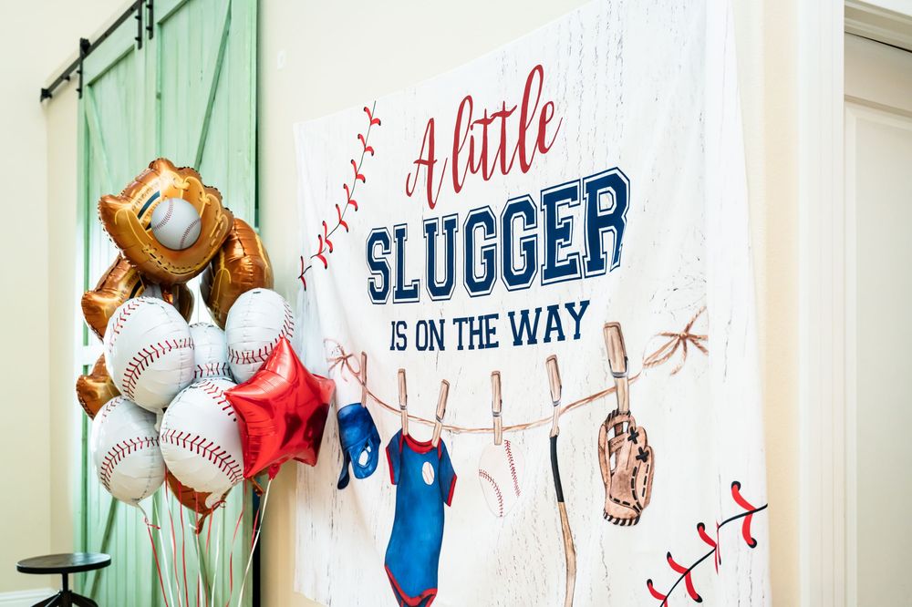 Baseball-themed wall decorations with text and sports motifs.