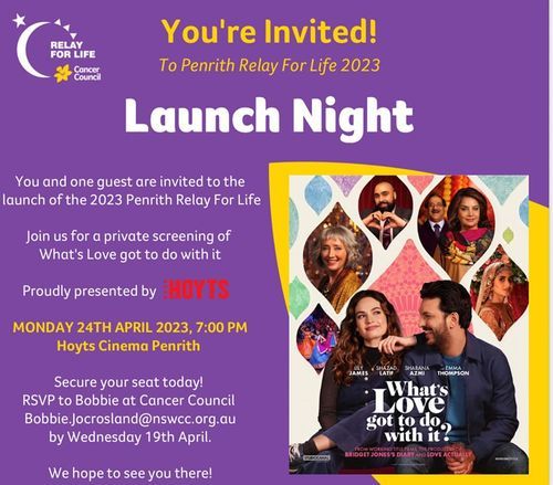 Purple event banner for Relay For Life 2023 Launch Night in Penrith.