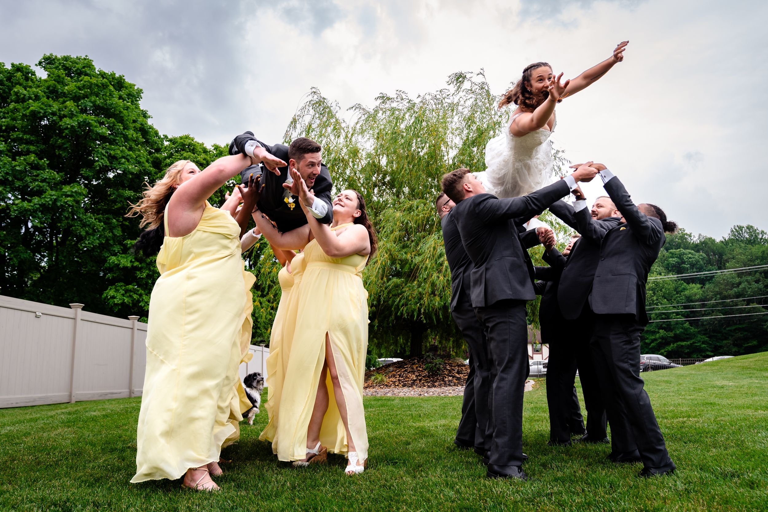 Wedding party in yellow dresses poses playfully on grassy hillside.