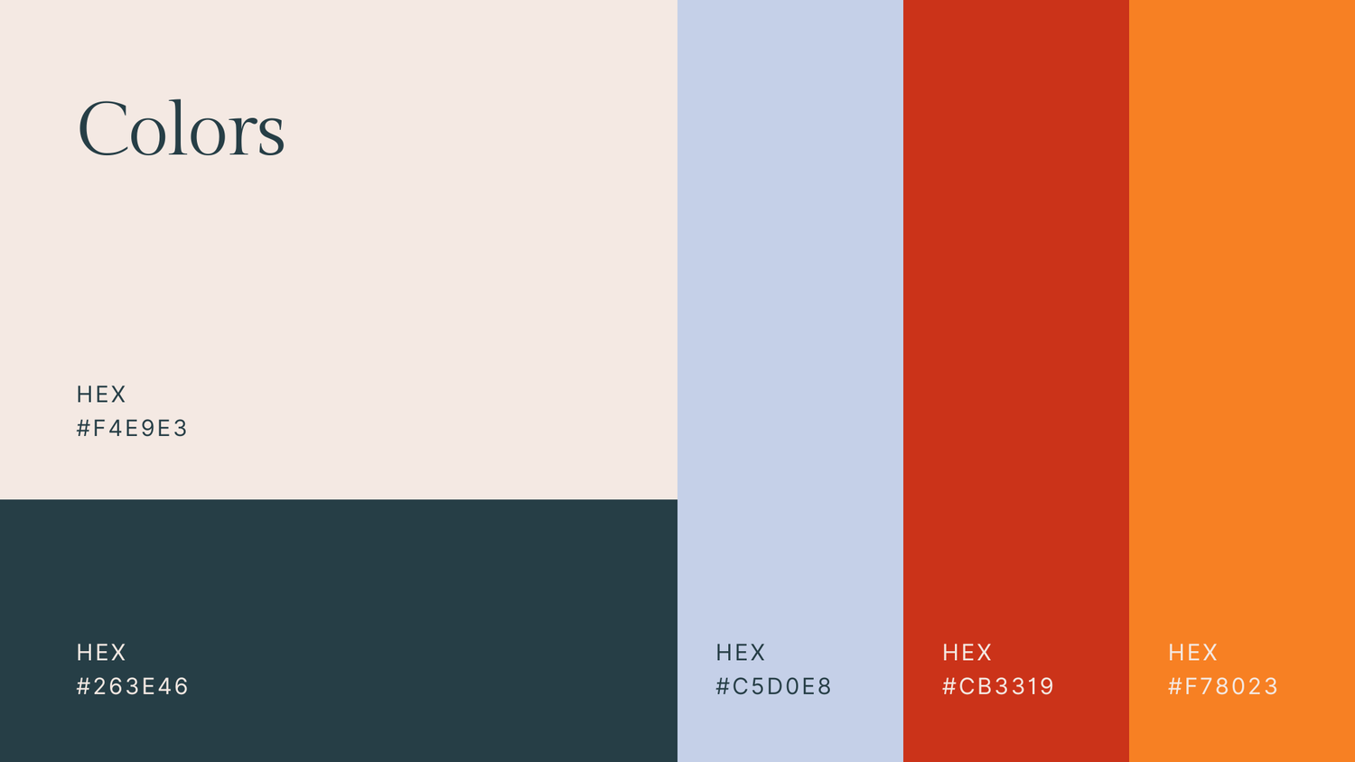 Color swatch palette showing hex codes in orange, red and navy blue.