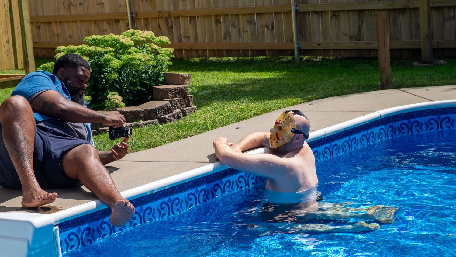 Series of pool diving photos showing sequential frames of someone entering the blue swimming water.