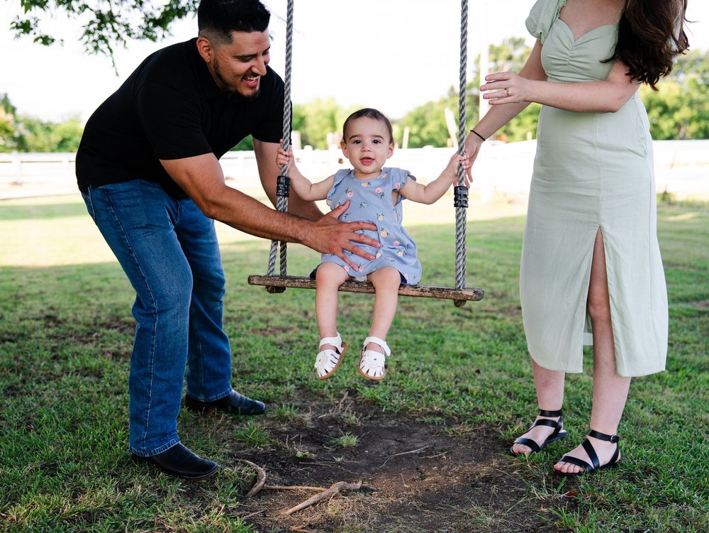 A progressive sequence of candid outdoor family moments in a lush grassy park setting with natural daylight.