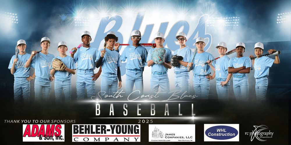 Sports team photo schedule banners with blue lighting effects and team logos.