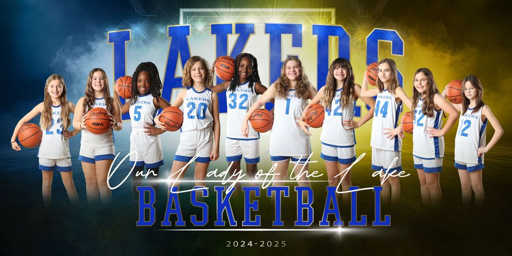 Basketball team panoramic photo with blue gradient lighting and team text overlay.