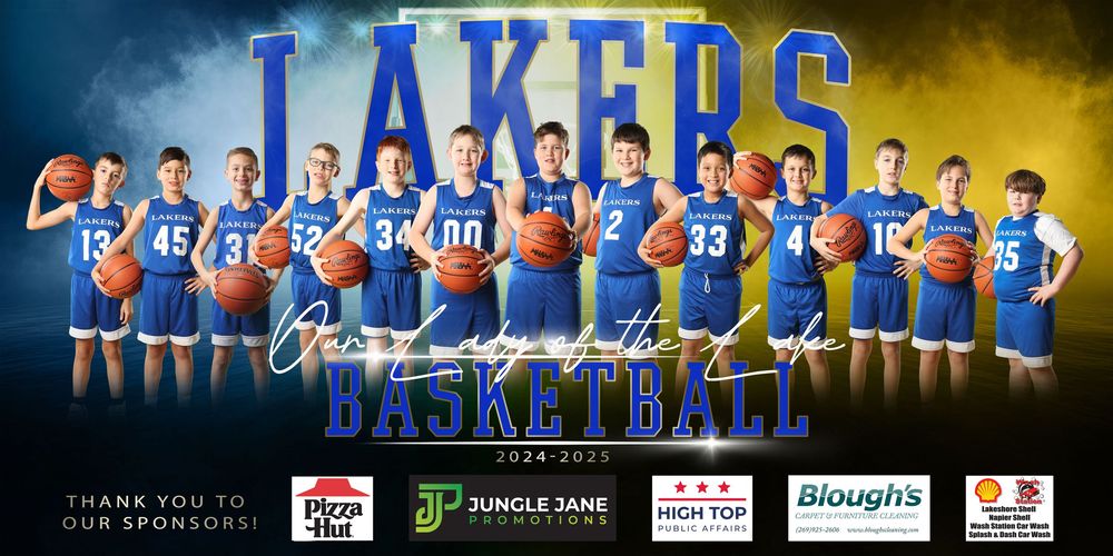 Basketball team photo with players in blue jerseys against dramatic yellow and blue lighting effects.