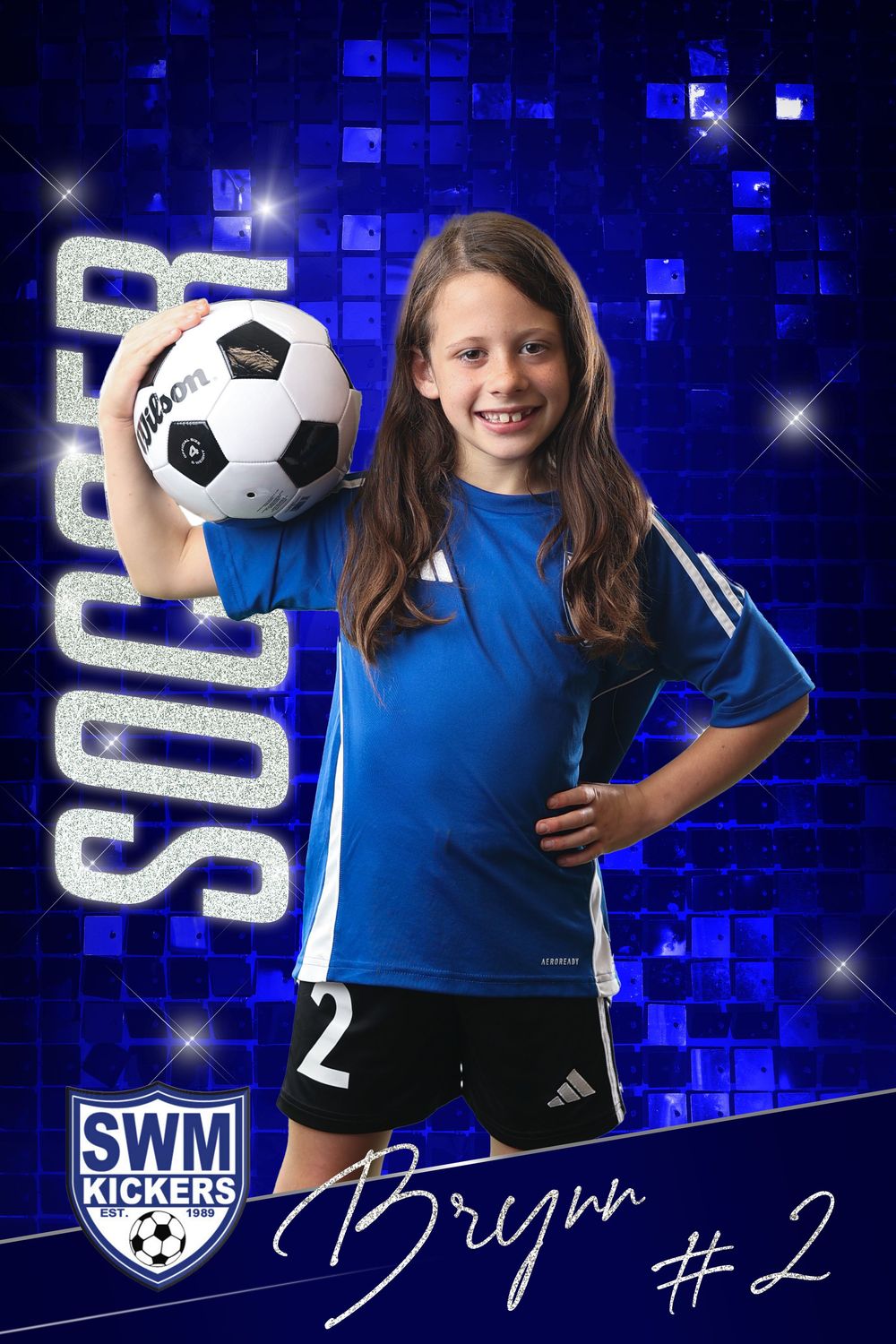 Soccer player portrait with ball against blue geometric background.