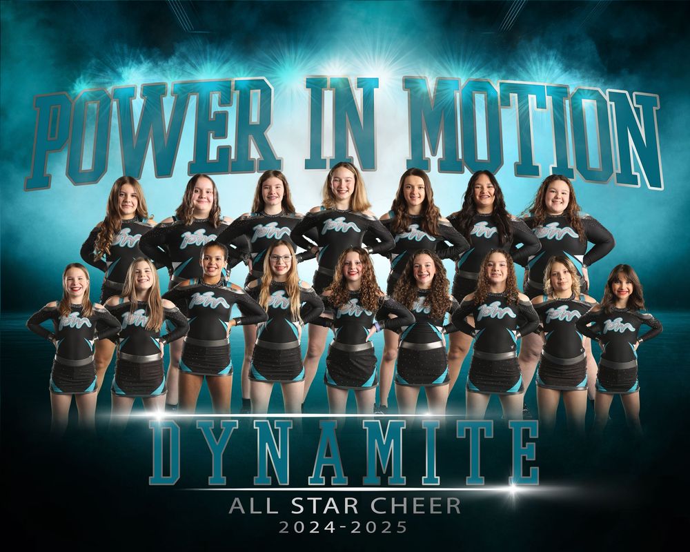 Cheerleading team photo with 'Power in Motion Dynamite' text overlay in teal and black theme.