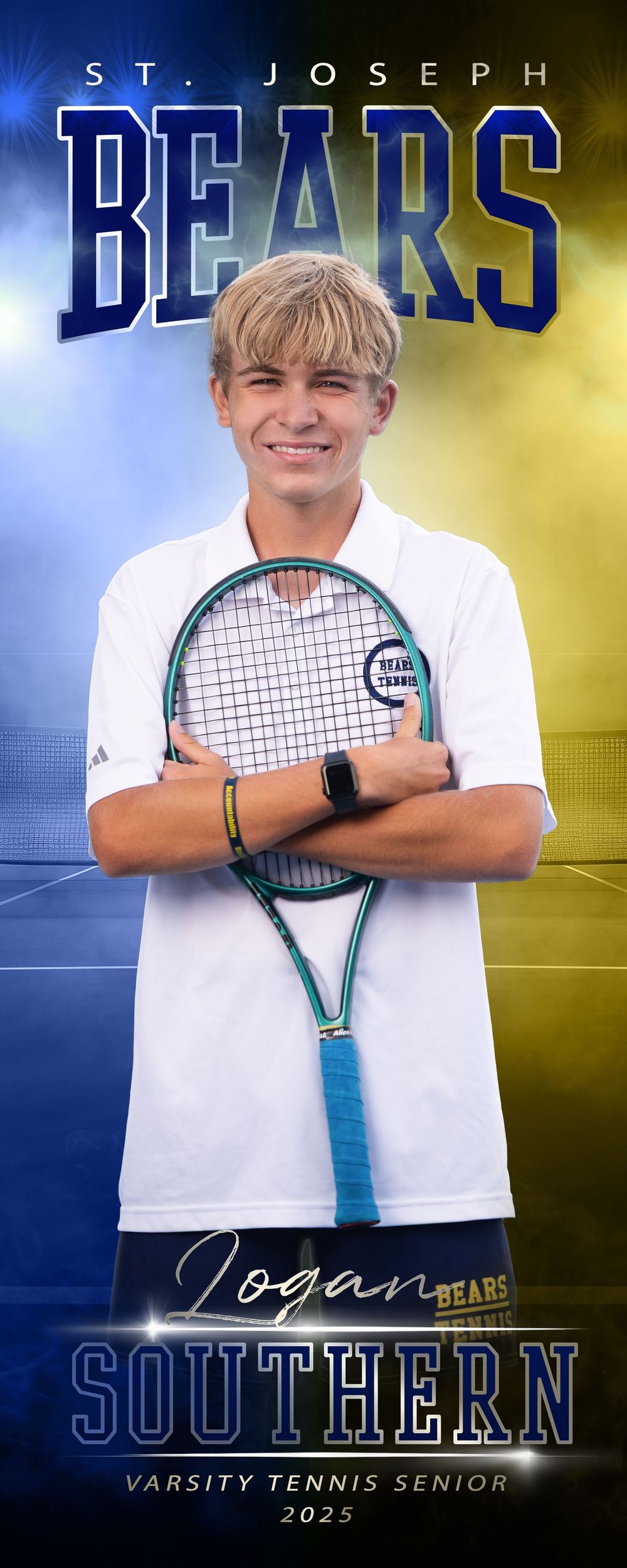 St. Joseph Bears tennis team portrait with blue and gold gradient background.