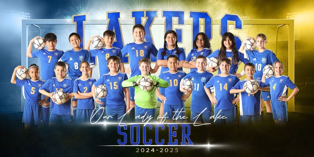 Soccer team photo with players in blue uniforms against dramatic lighting effects.