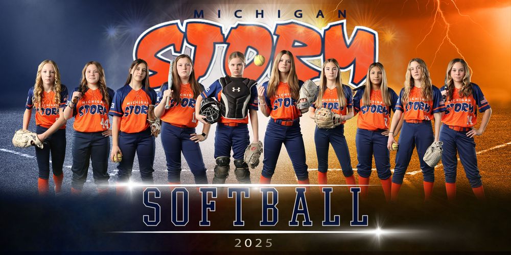 Softball team members lined up in orange and navy uniforms against dramatic sky backdrop.