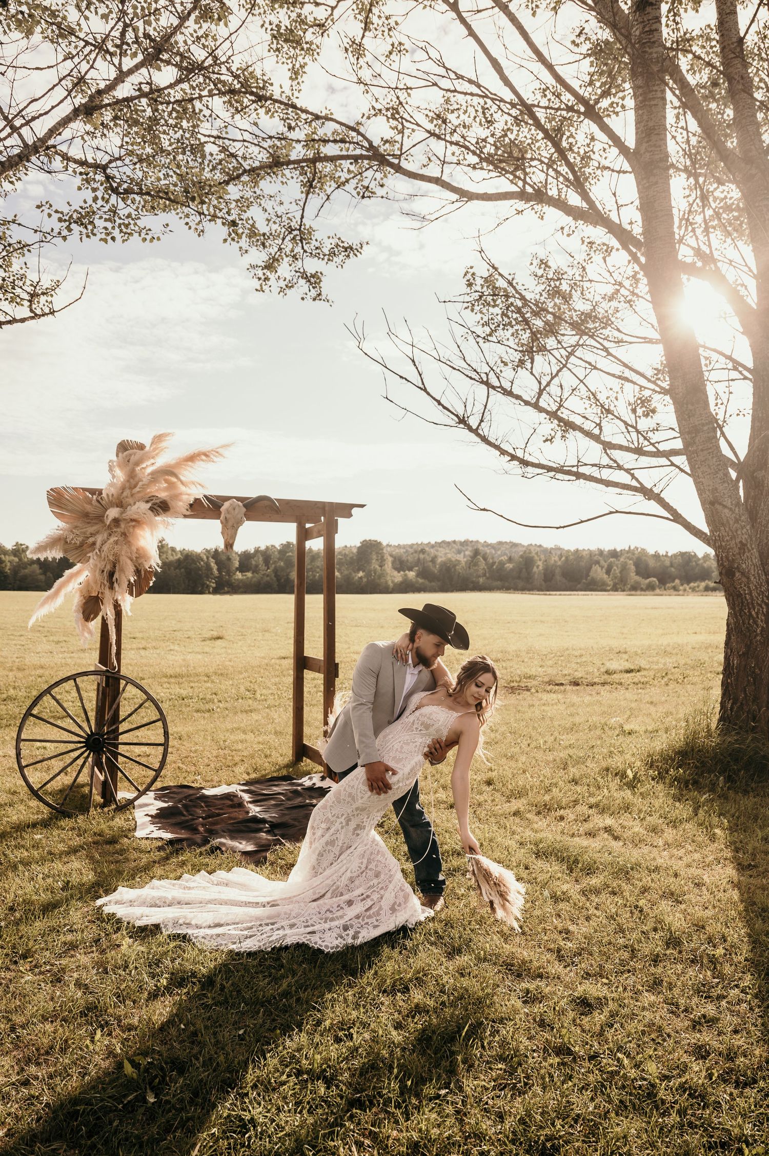 Woman in lace dress gently strokes chestnut horse's face in three romantic outdoor sunset photos.